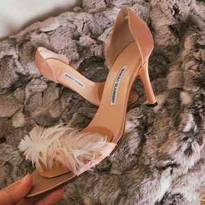 Rare Vintage Manolo Blahnik Blush Pink Feather Lined Satin Heels